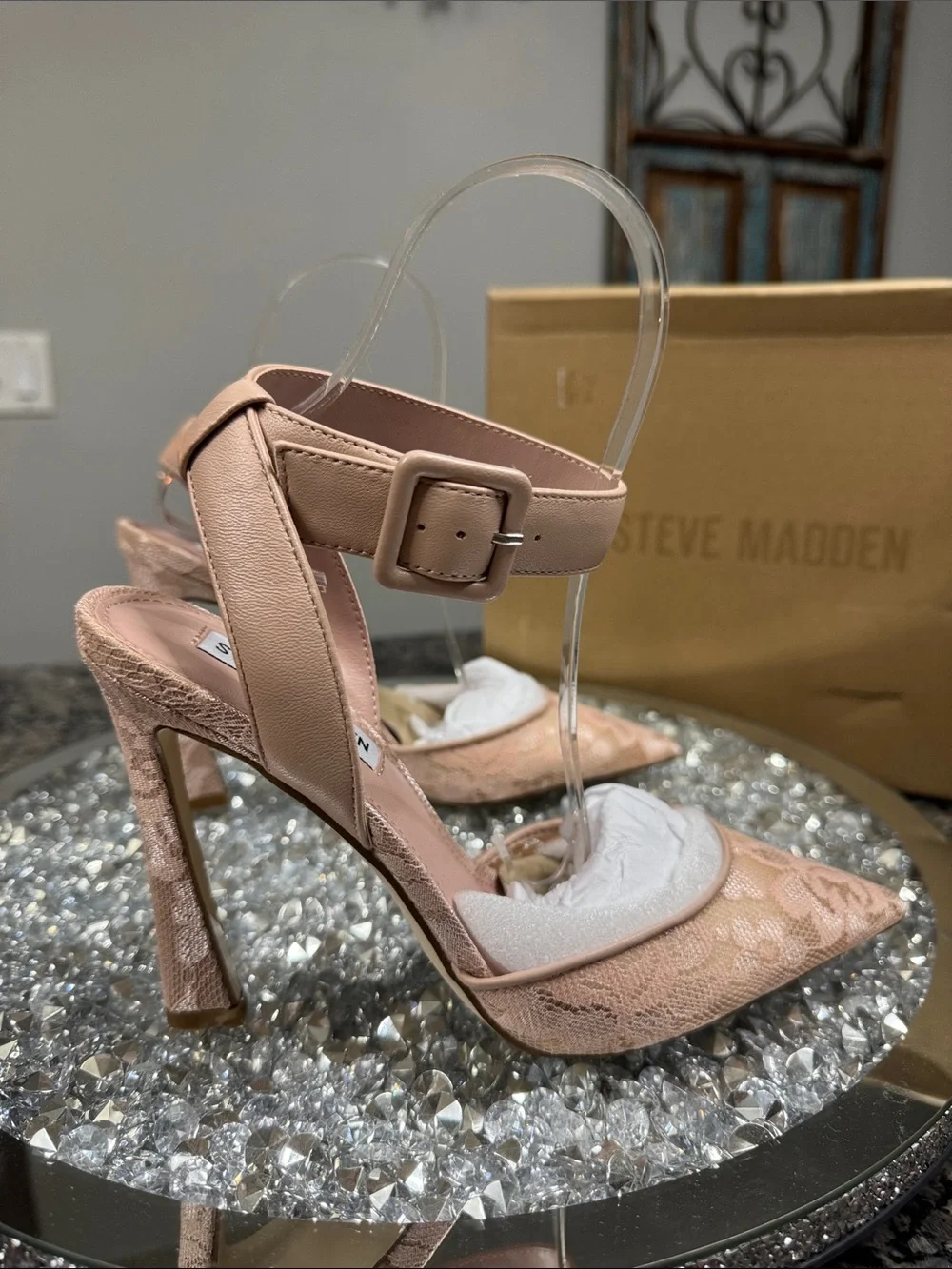 Steve Madden Sarantos mesh Nude Blush Lace Pointed-Toe Ankle Strap Heels NEW 7 - Picture 11 of 16